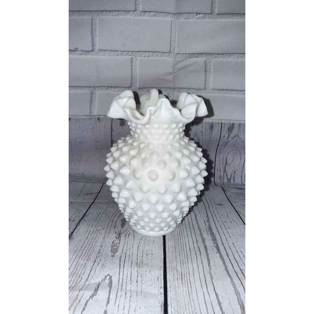 Vintage Fenton White Milk Glass Hobnail Ruffled Rim Vase 6 Inch